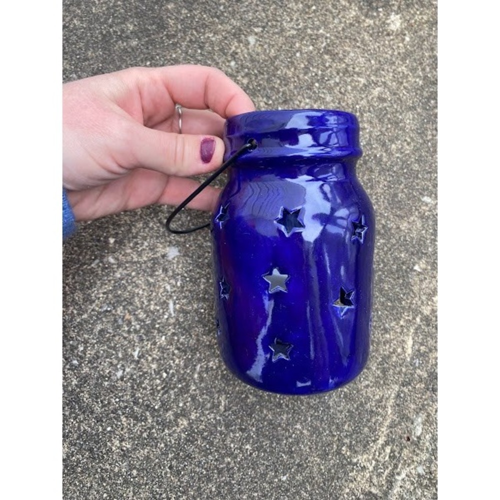 Cobalt Blue Ceramic Mason Jar‎ Lantern Star Cutouts Hanging Candle Holder